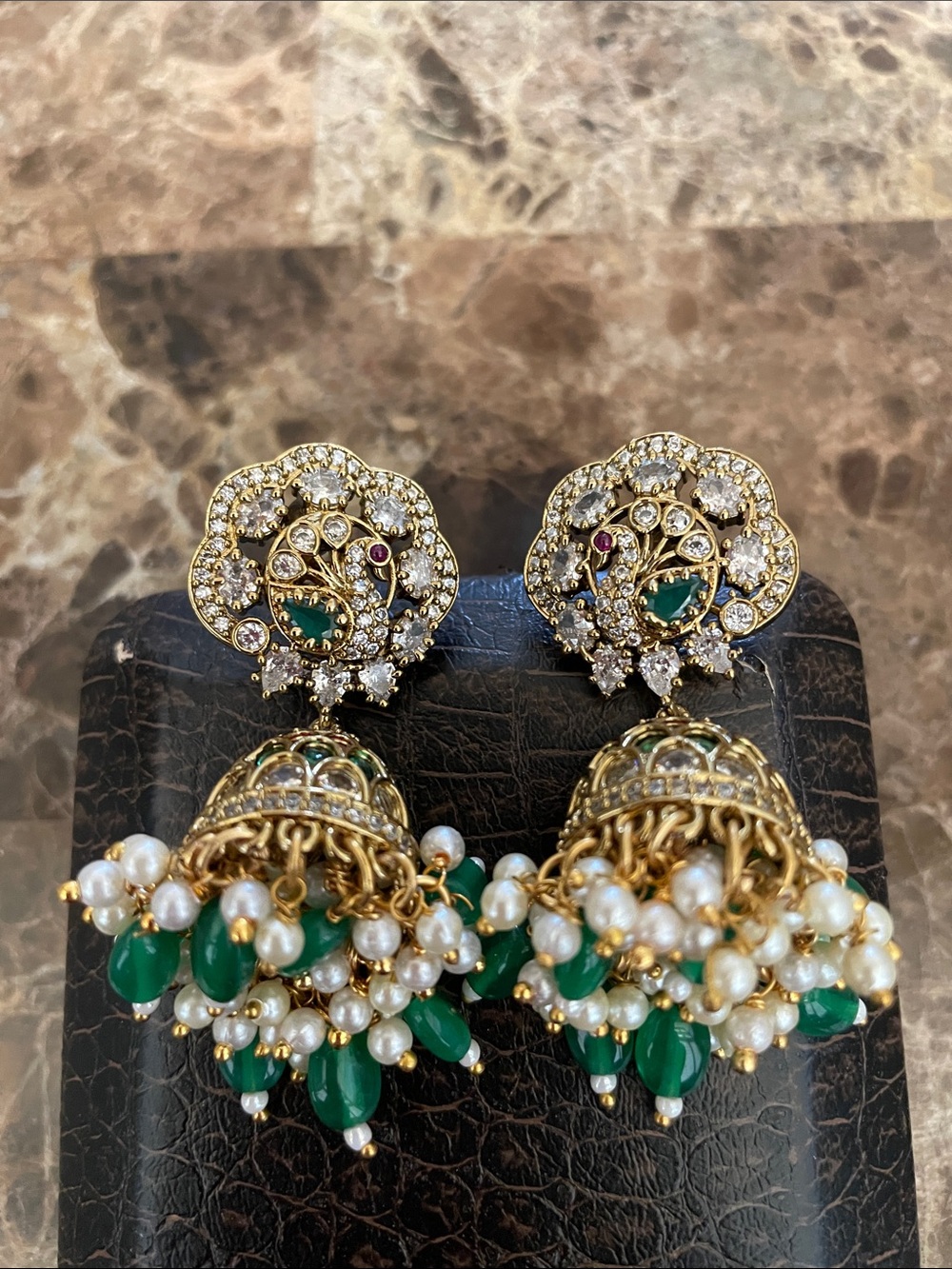 Gold-Tone Green & White Pearl Jhumka Earrings - Elegant Women Jewelry